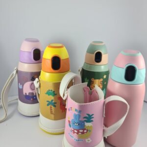 Yellow Kids Sipper Water Bottle with Dinosaur Cover and Strap