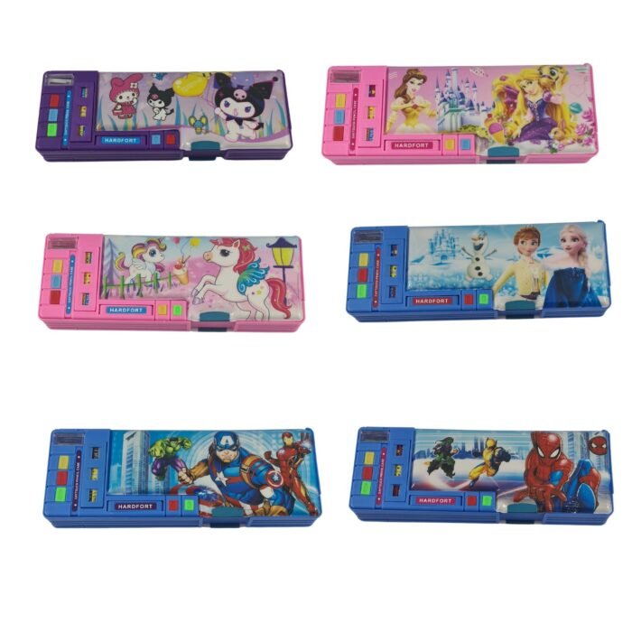 Multicolor character pencil box A-8812 with sharpener and storage